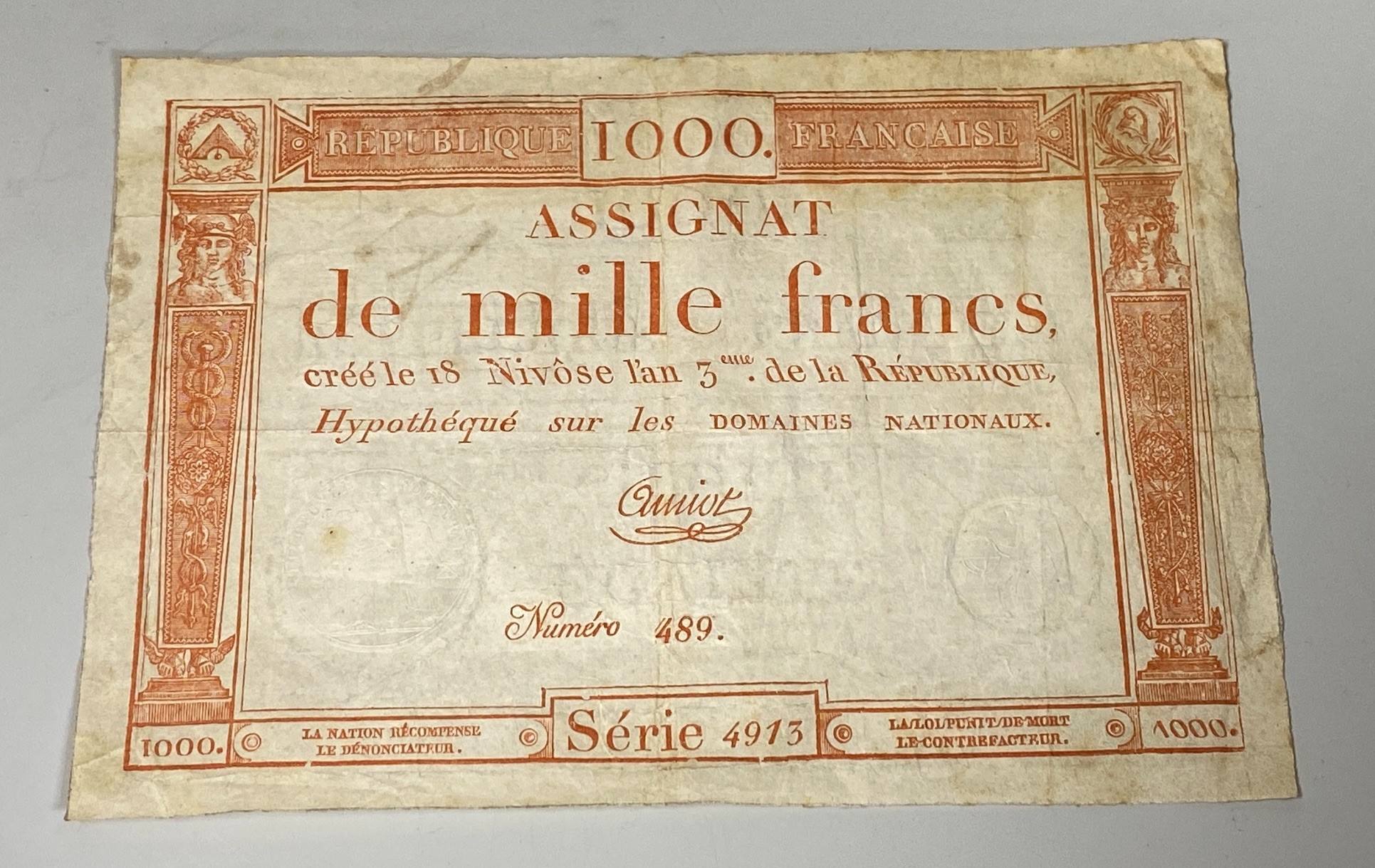 French Revolutionary banknotes, Republic Francaise, three Assignat de mille francs 1000 Francs 18 Nivose An III - 1795, Serie 9024, Numero 8, Serie 9030, Numero 259 and Serie 4913, Numero 489, watermarks (3)